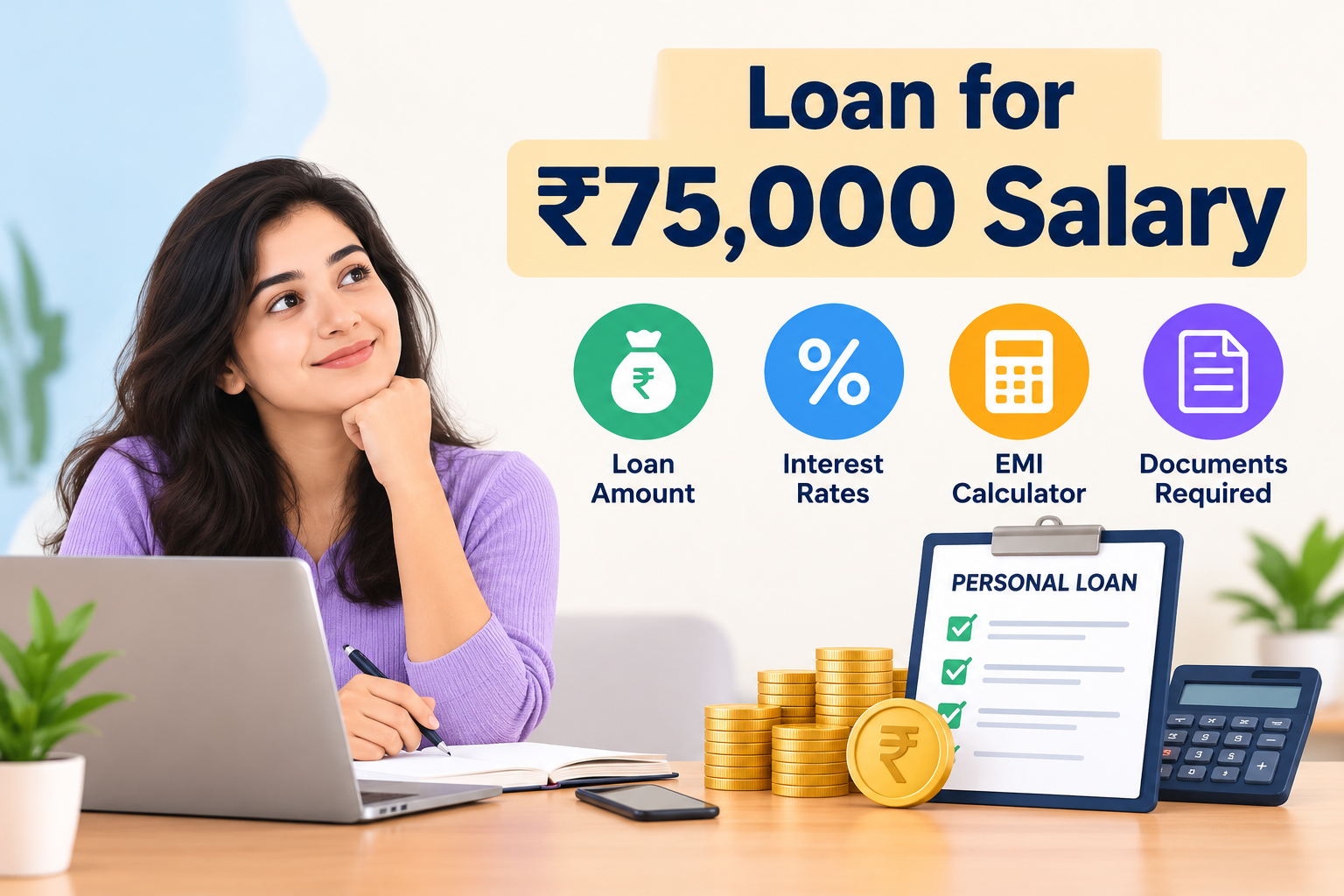 Personal loan for ₹75,000 salary showing eligibility criteria, EMI calculator, interest rates, required documents, and online loan application guidance for salaried employees in India.